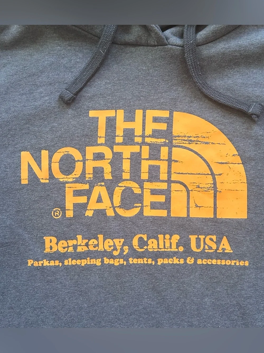 The North Face Berkeley Calif USA Men M Pullover Hoodie Gray Orange Graphic Logo